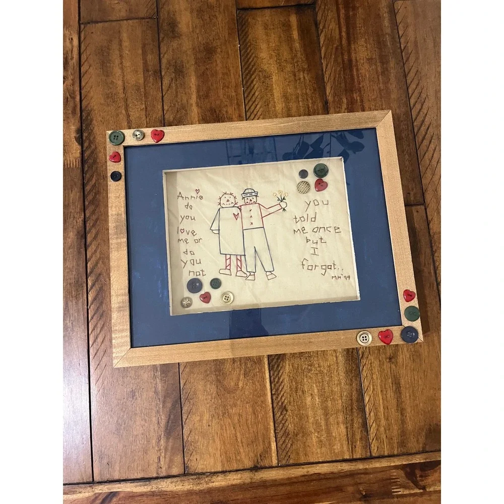 Handmade Raggedy Ann Andy Embroidery Art‎ 15x12 Tan Excellent Shadow Box MH99